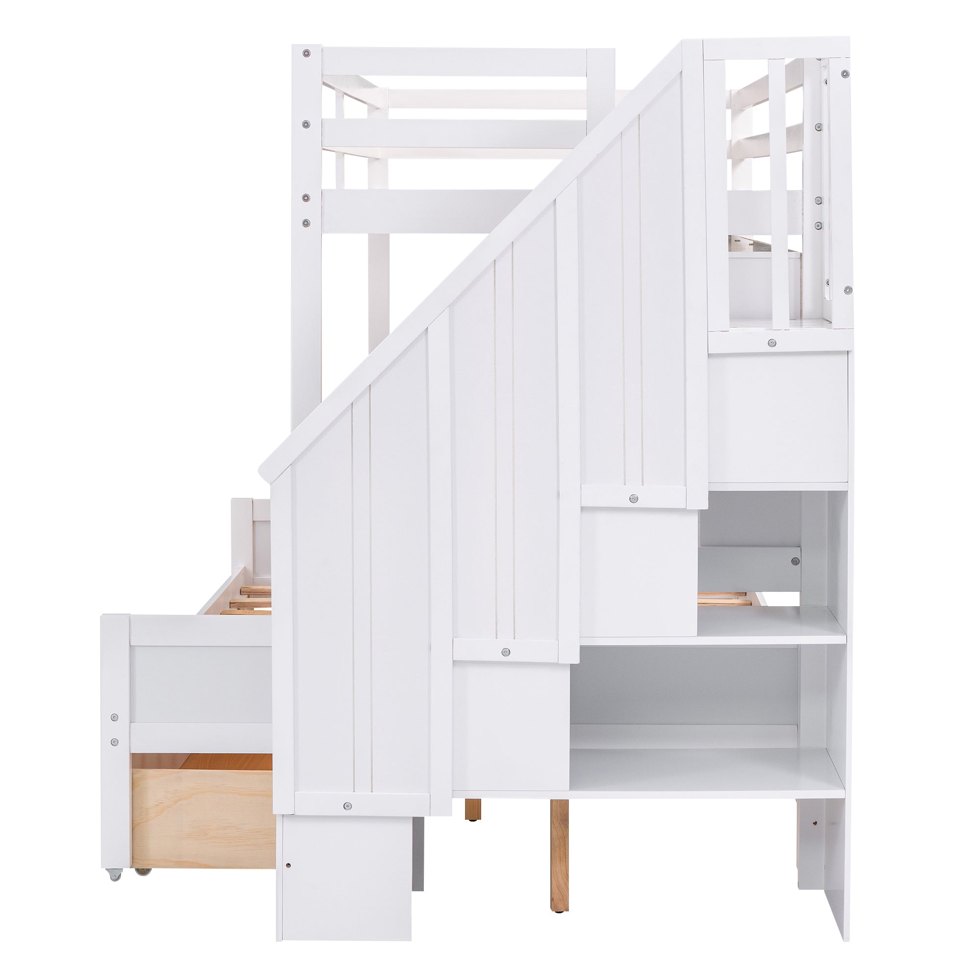 Twin XL over Full Bunk Bed with Built-in Storage Shelves, Drawers and Staircase,White - Atlantic Fine Furniture Melbourne FL
