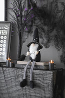 Sitting Gnome With Broomstick & Long Legs, For Halloween Decor - Black White