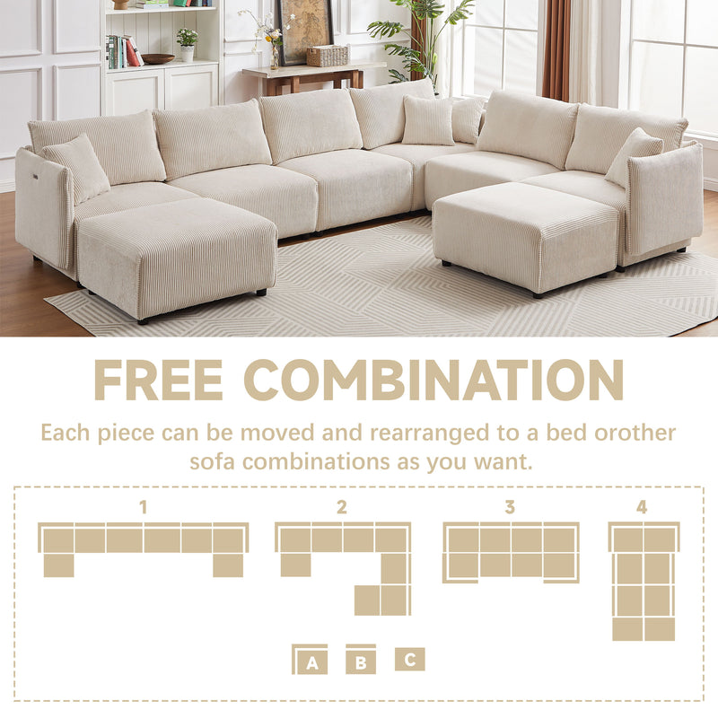 Multi-Module Combination Style Sofa For Living Room, Bedroom And Other Lounge Spaces, Modern Minimalist Corduroy Combination Sofa With 2 Comfort Cushions With USB & C Charging Ports, Two Sets