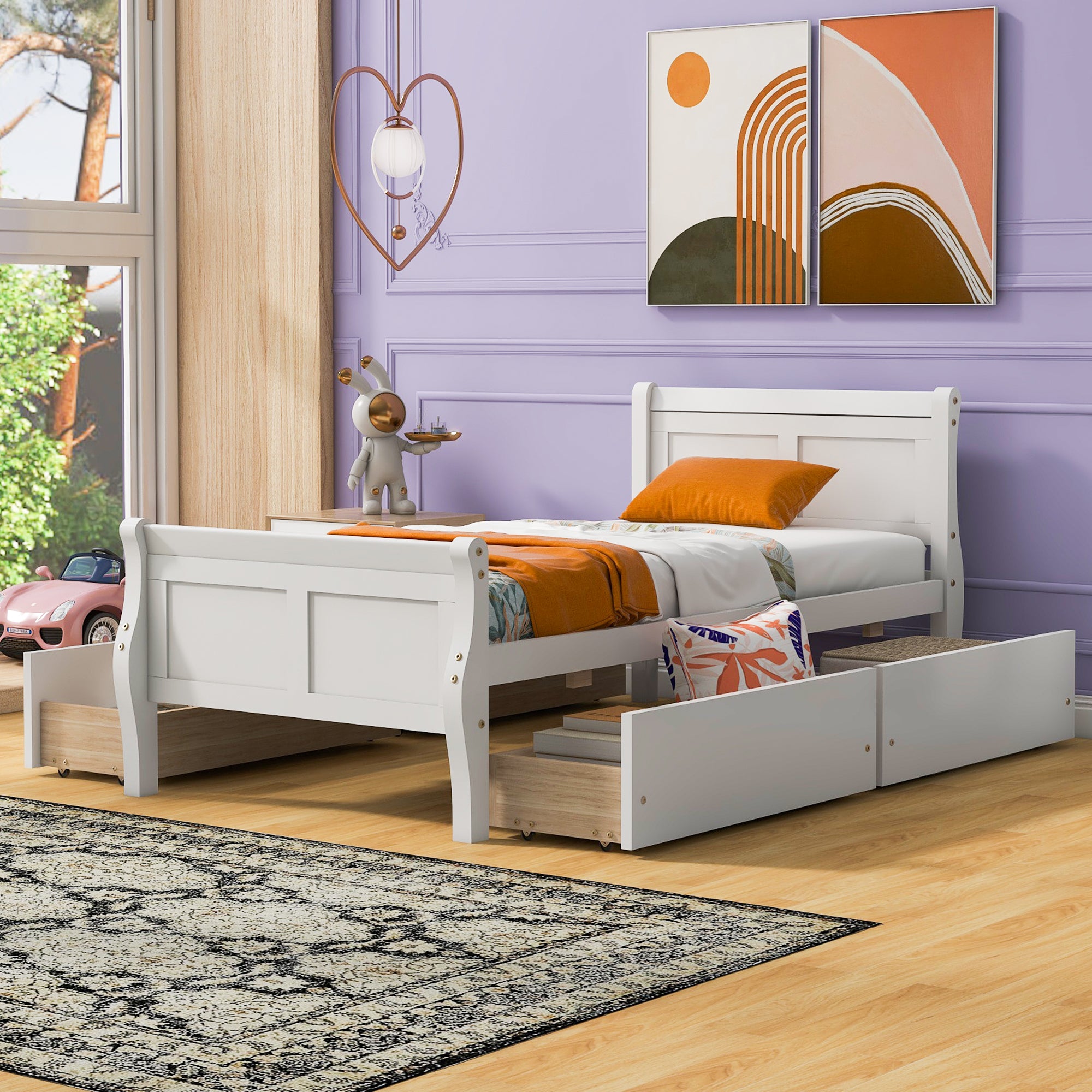 Twin Size Wood Platform Bed with 4 Drawers and Streamlined Headboard & Footboard, White - Atlantic Fine Furniture Melbourne FL