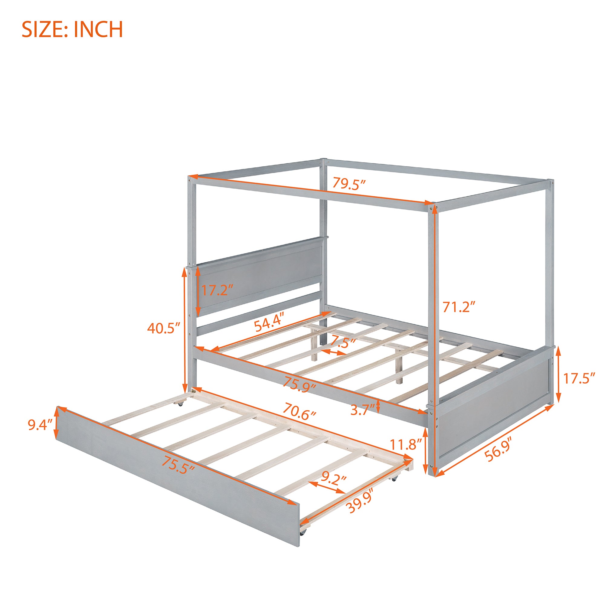 Wood Canopy Bed with Trundle Bed ,Full Size Canopy Platform bed With  Support Slats .No Box Spring Needed, Brushed Gray - Atlantic Fine Furniture Melbourne FL
