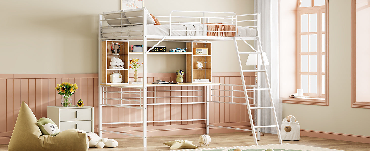 Full Size Loft Bed with Desk and Shelf, Loft Bed with Ladder,Full,White - Atlantic Fine Furniture Melbourne FL
