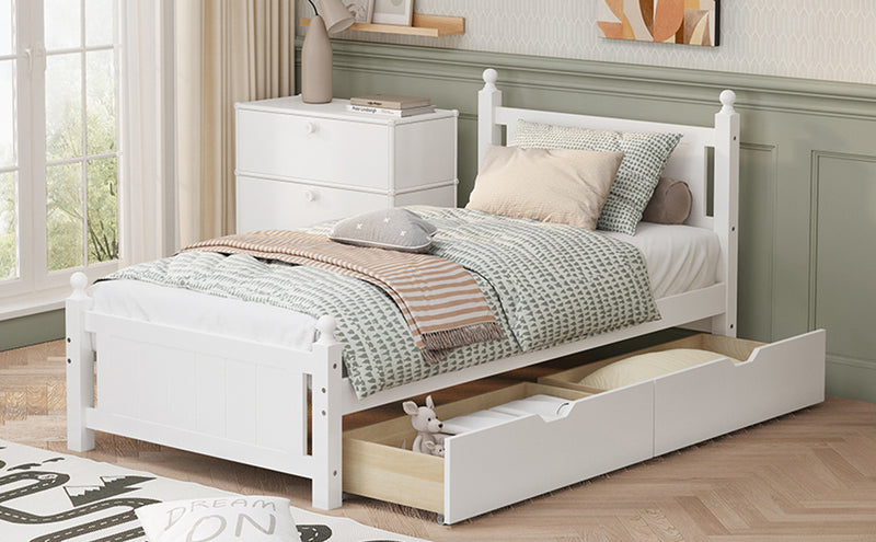 Twin Size Solid Wood Platform Bed Frame with 2 drawers for Limited Space Kids, Teens, Adults, No Need Box Spring, White