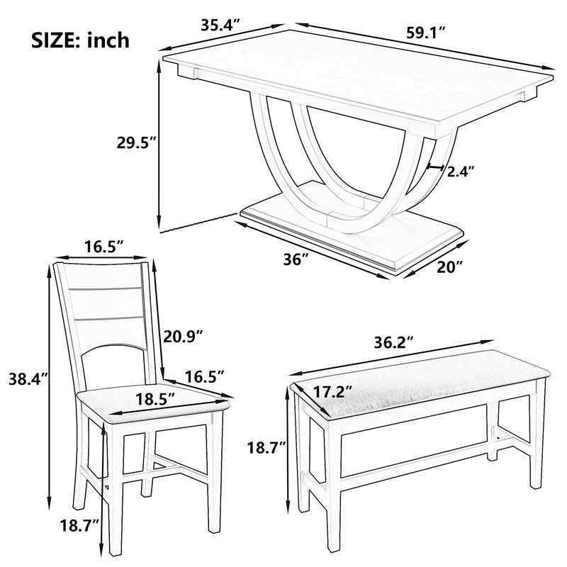 Topmax - 6 Piece Wood Half Round Dining Table Set Kitchen Table Set With Long Bench And 4 Dining Chairs, Modern Style