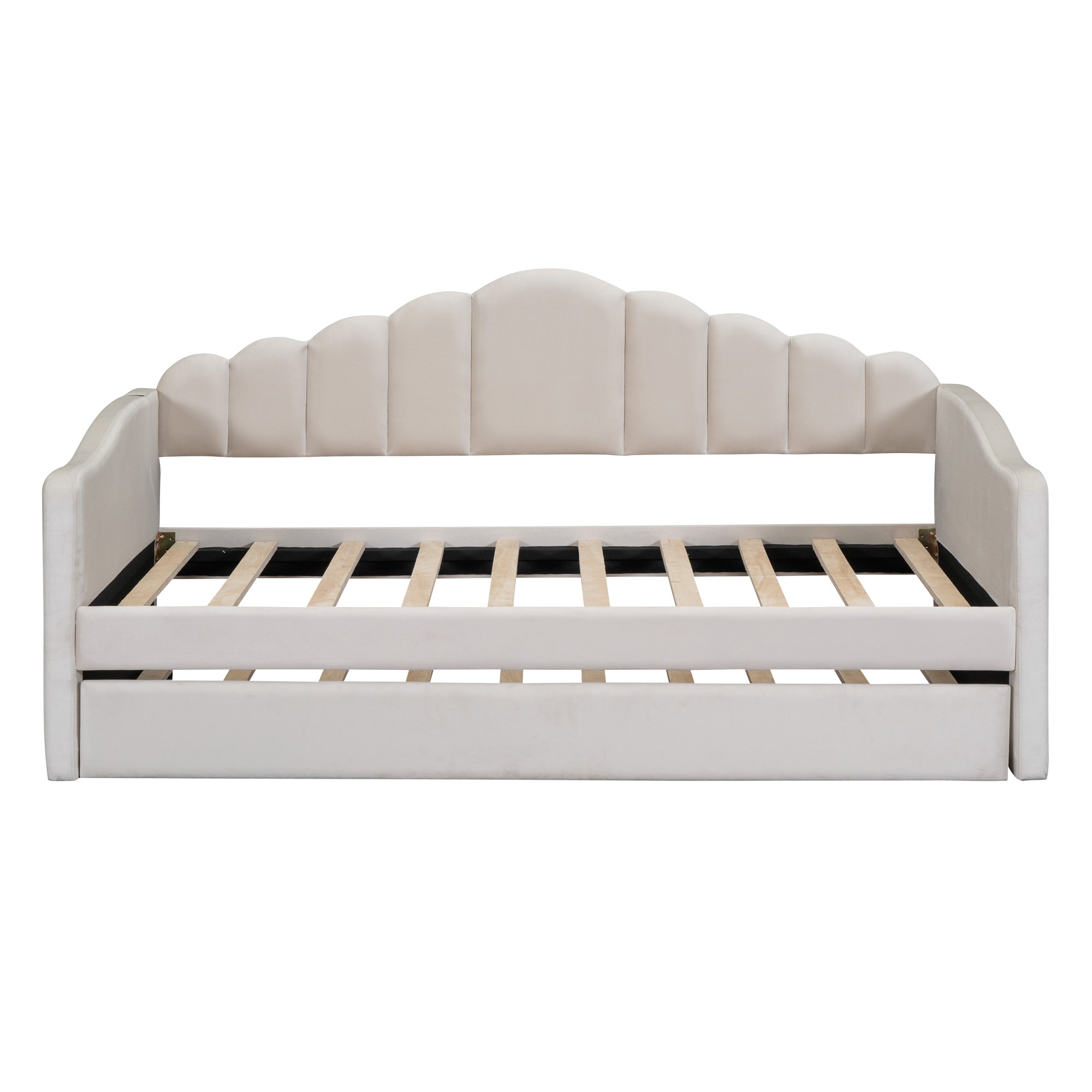 Twin size Upholstered Daybed with Trundle ,Velvet Sofabed with USB Charging Ports,No Box-spring Needed,Beige - Atlantic Fine Furniture Melbourne FL