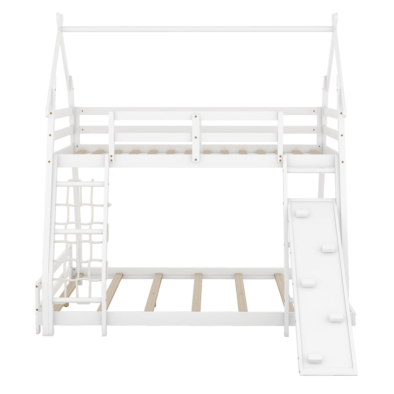 Twin over Queen House Bunk Bed with Climbing Nets and Climbing Ramp, White