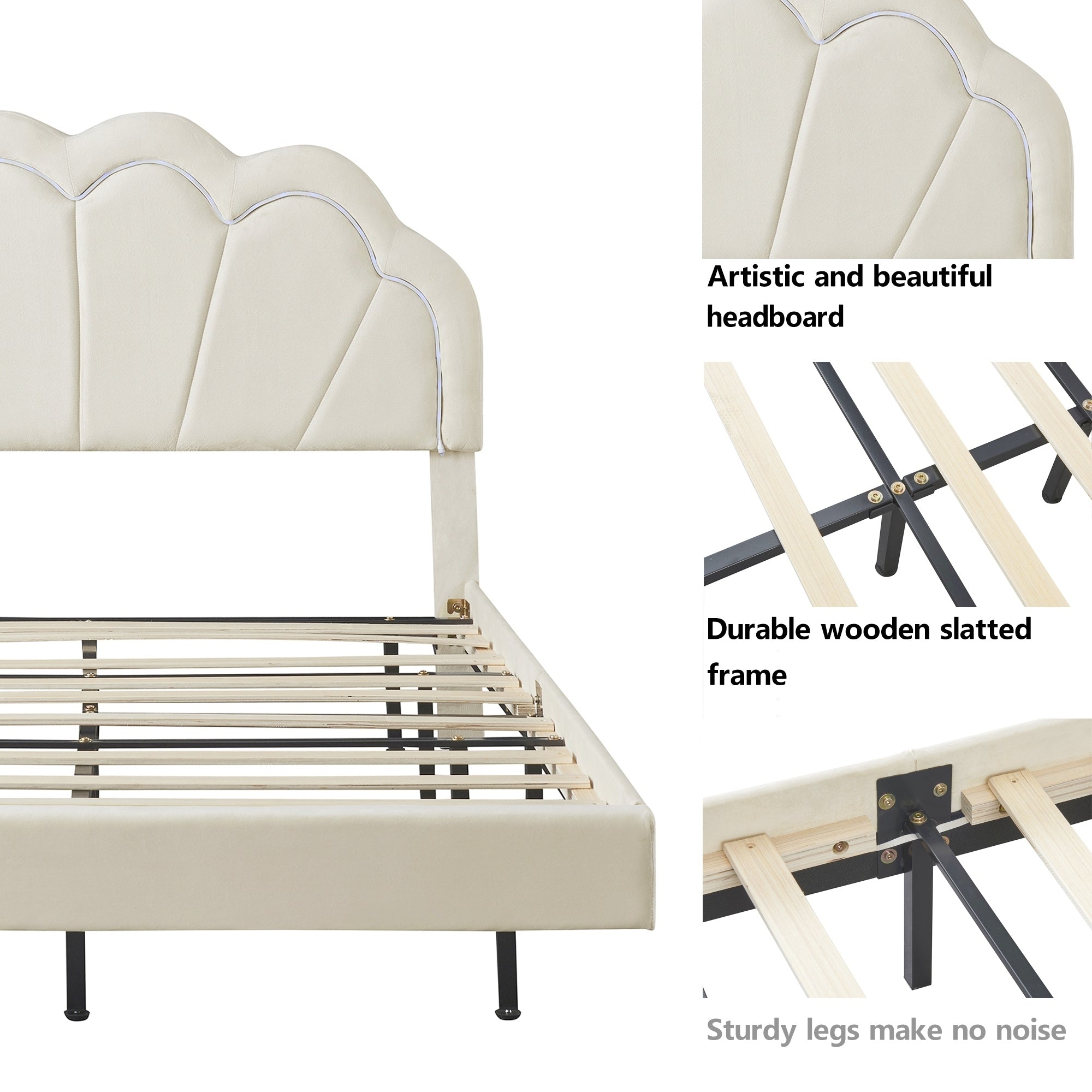 Queen Upholstered Smart LED Bed Frame with Elegant Flowers Headboard,Floating Velvet Platform LED Bed with Wooden Slats Support,Beige - Atlantic Fine Furniture Melbourne FL