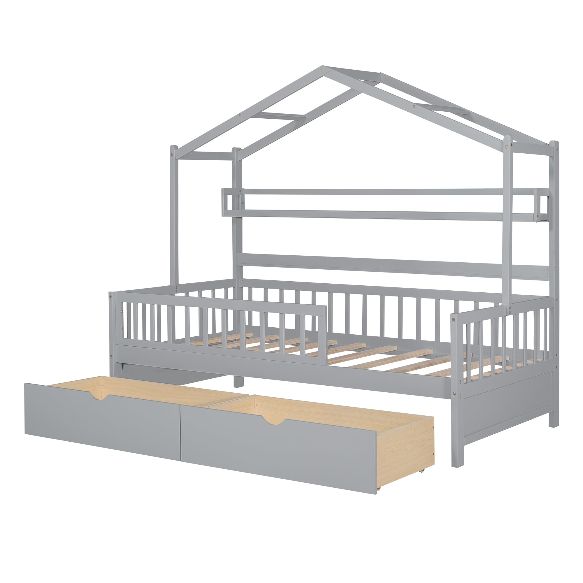 Wooden Twin Size House Bed with 2 Drawers,Kids Bed with Storage Shelf, Gray - Atlantic Fine Furniture Melbourne FL