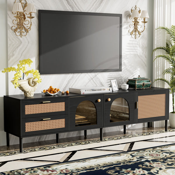 Rattan TV Stand With 3 Cabinets & 2 Drawers, Rattan-Inspired Media Console Table For Tvs Up To 80'', LED Light Entertainment Center, TV Cabinet For Living Room - Black