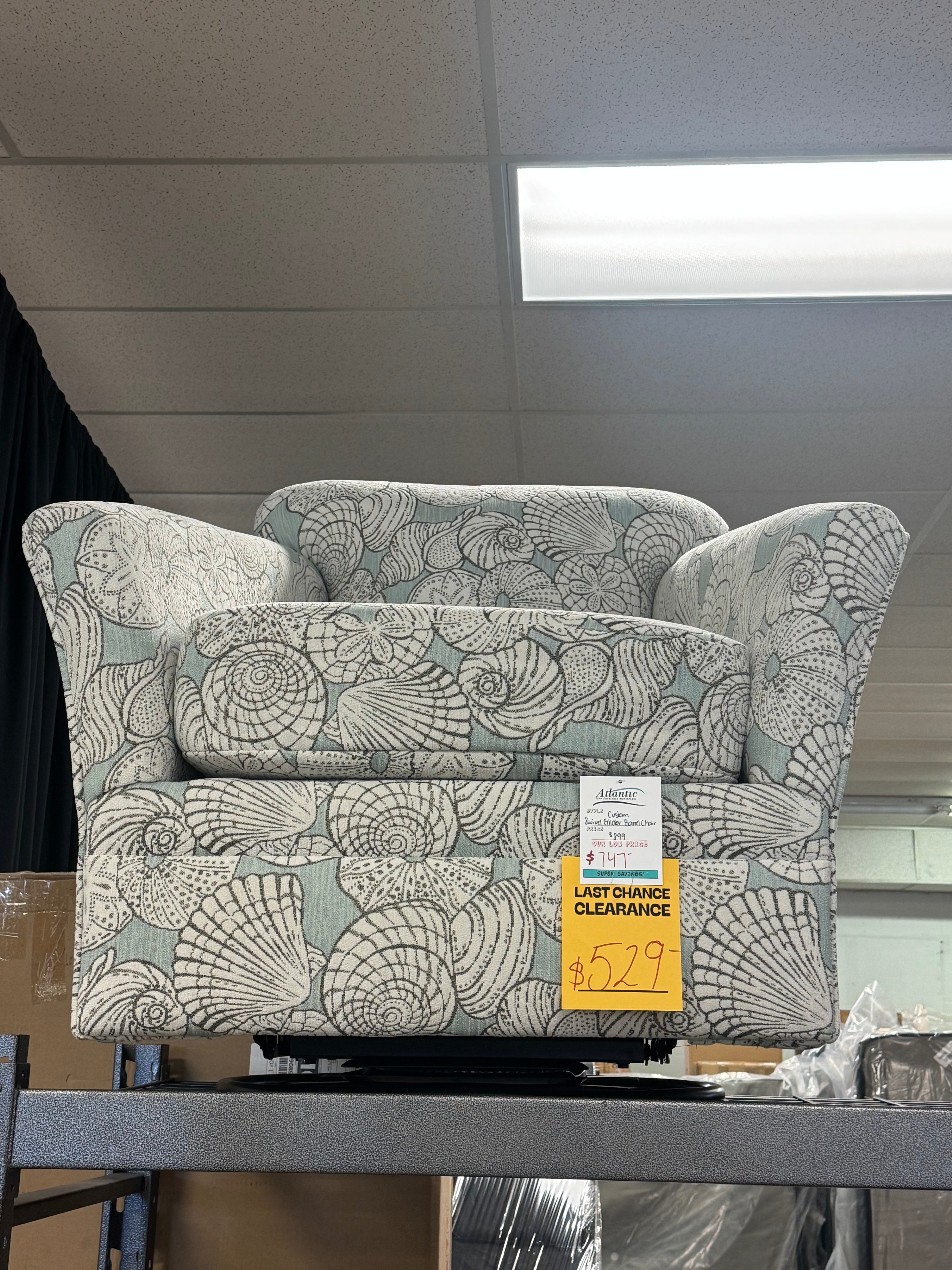 Custom Swivel Barrel Glider Chair * TODD WATER FABRIC* SHOWROOM MODEL ONLY