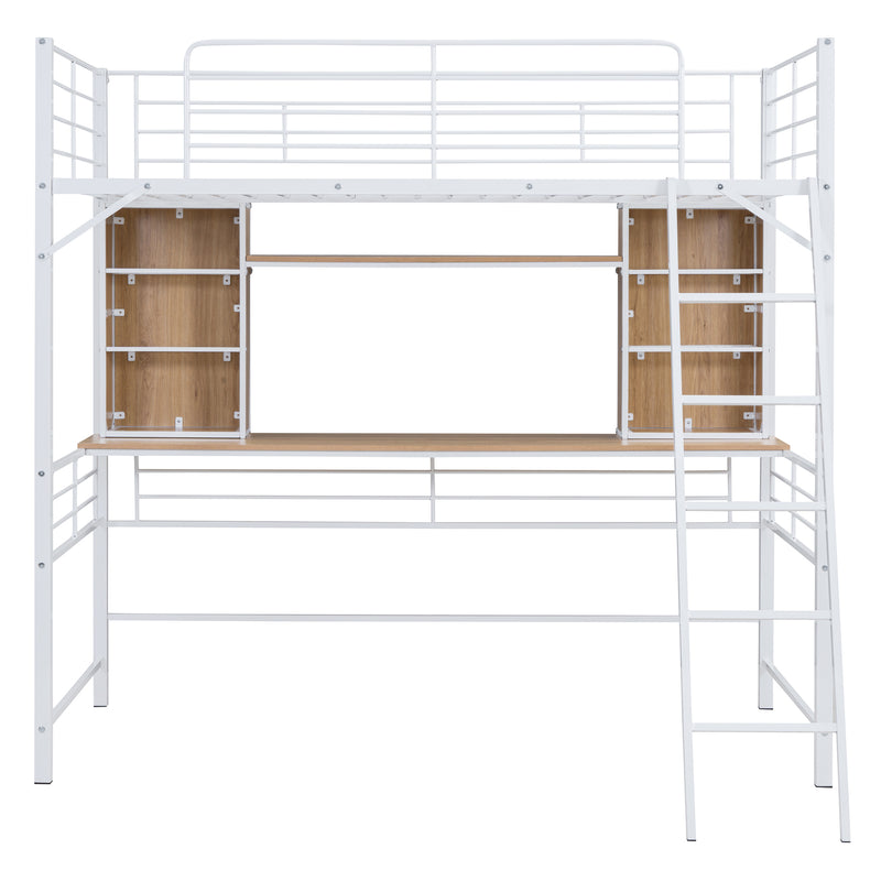 Twin Size Loft Bed with Desk and Shelf , Loft Bed with Ladder,Twin,White