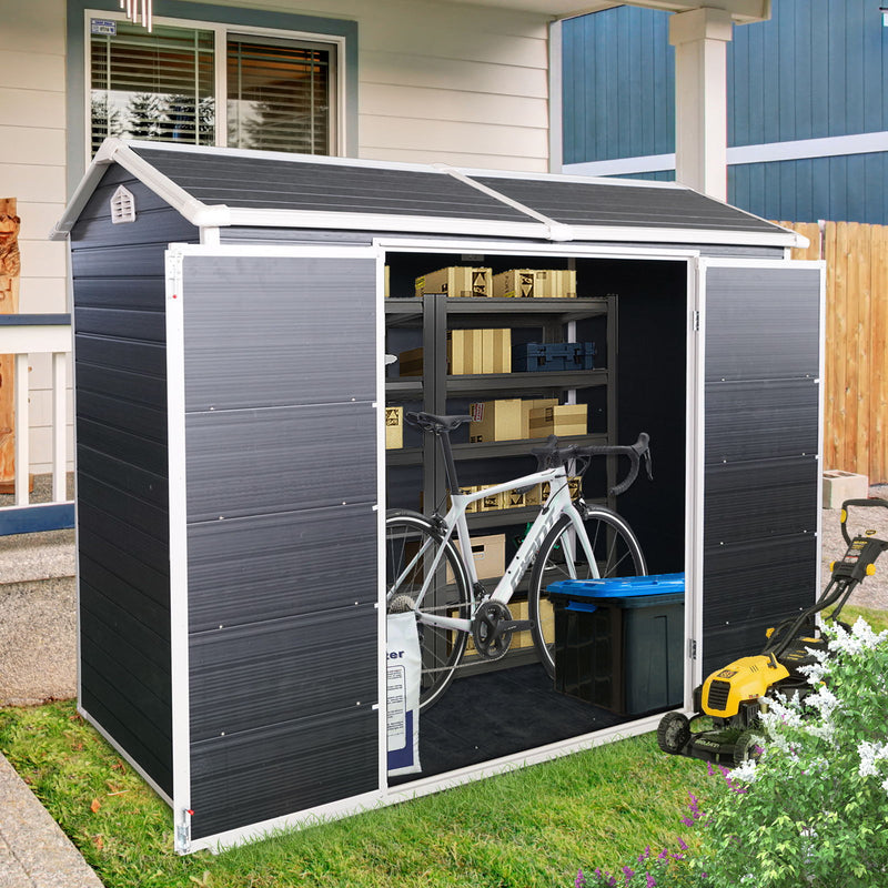 Resin Outdoor Storage Shed Waterproof Shed With Floor & Two Windows & Lockable Door, Tool Shed For Garden, Patio, Backyard