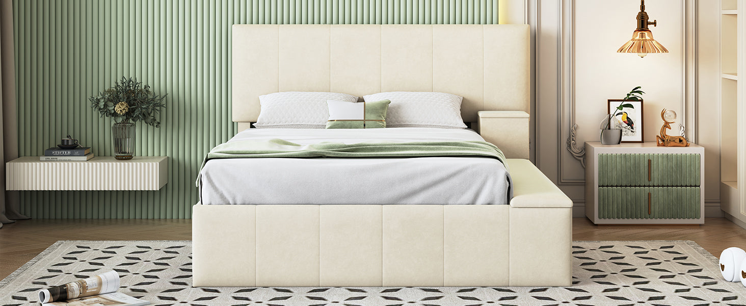 Full Size Upholstered Platform Bed with Lateral Storage Compartments and Thick Fabric, Velvet, Beige - Atlantic Fine Furniture Melbourne FL