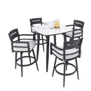Modern Outdoor Patio Bar Set, Rounded Square Table & Bar Chairs, Non Rust Frame, Tapered Legs, Sunbrella Cushion