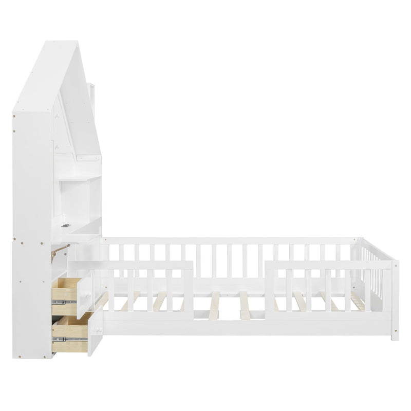 Full Size House Bed With Window And Bedside Drawers, Platform Bed With Shelves And A Set Of Sockets And USB Port - White