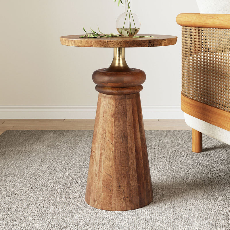 Modern Round End Table With Pedestal Base - Gold / Natural