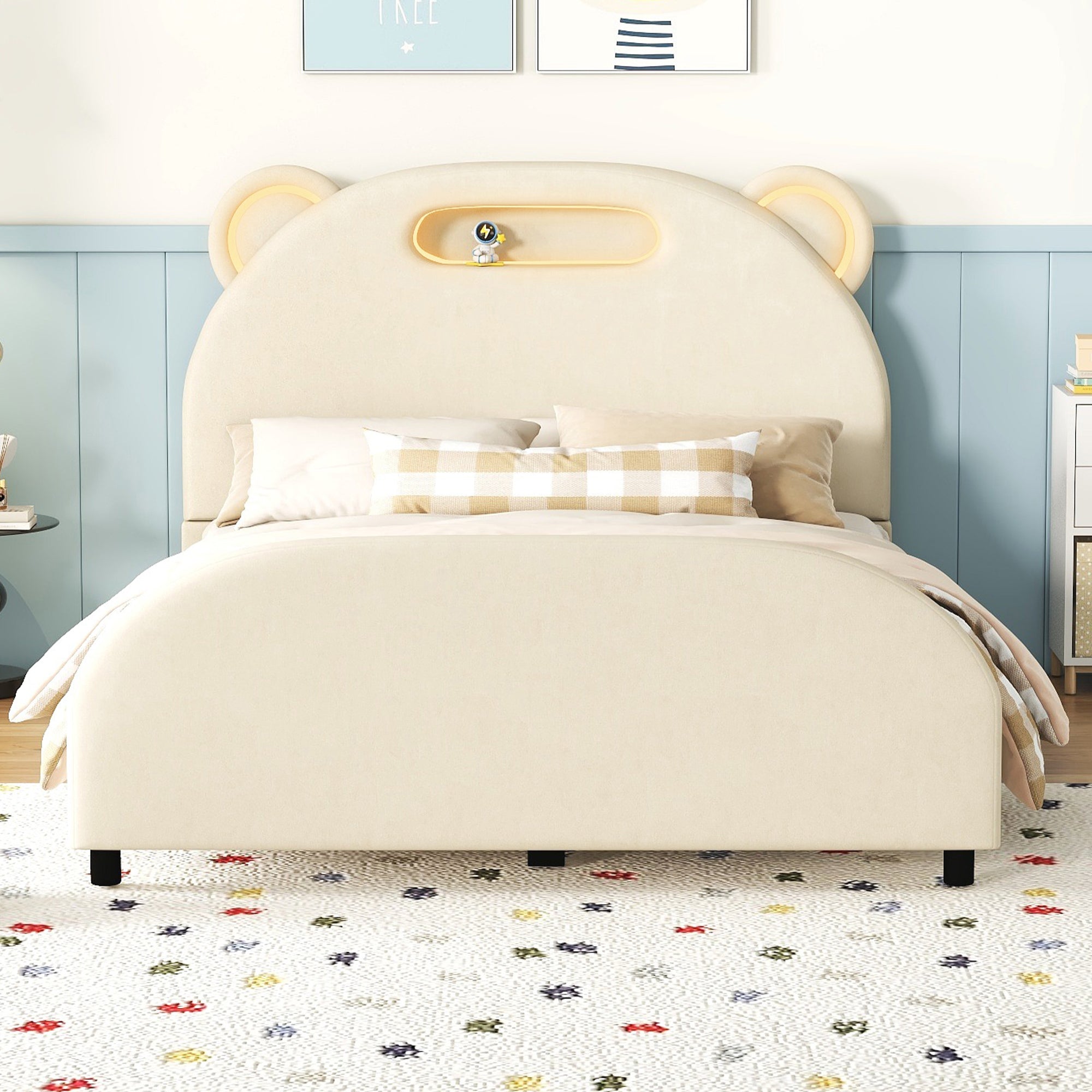 Full Size Upholstered Platform Bed with Bear-Shaped Headboard and Embedded Light Stripe, Velvet, Beige - Atlantic Fine Furniture Melbourne FL