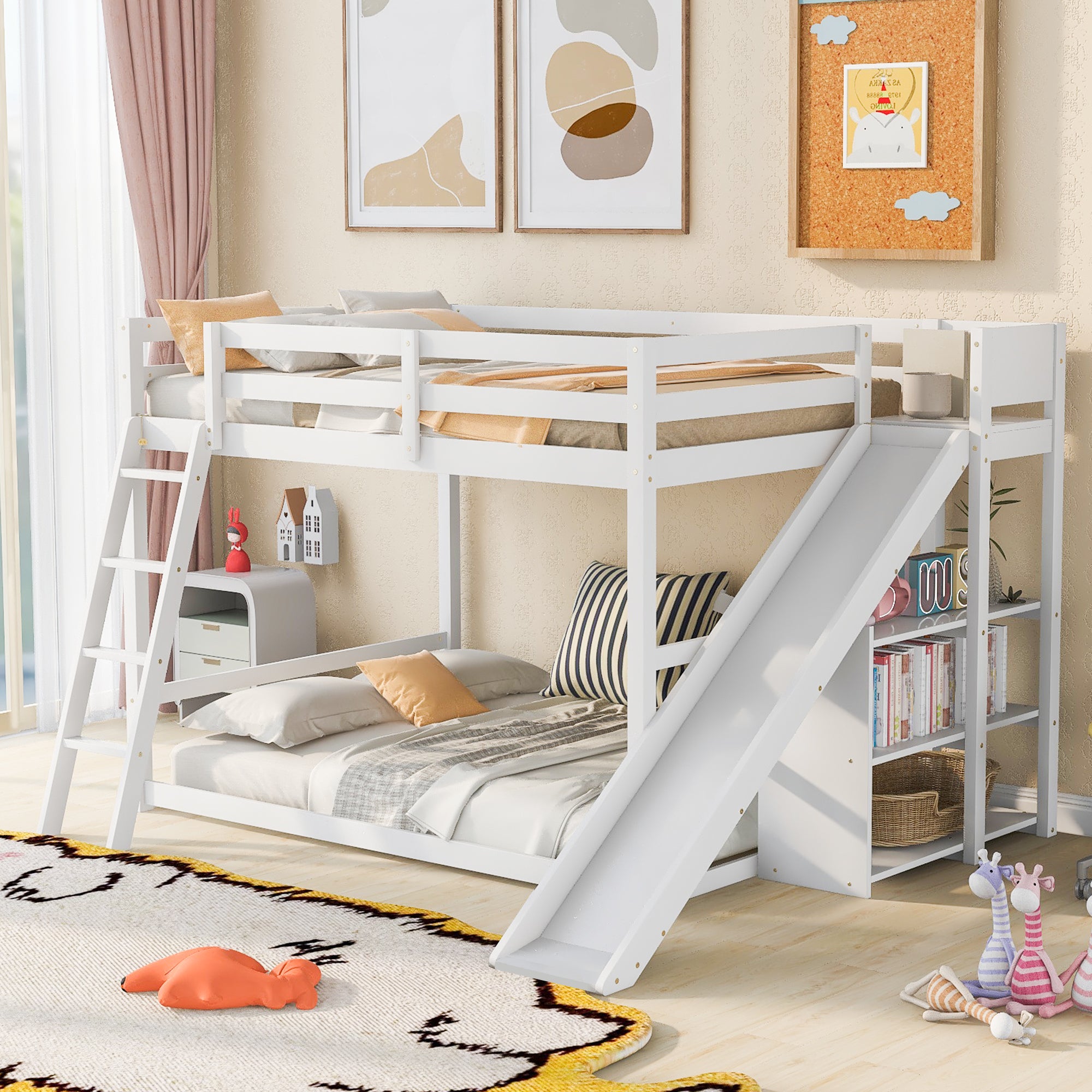 Full over Full Bunk Bed with Ladder, Slide and Shelves, White - Atlantic Fine Furniture Melbourne FL