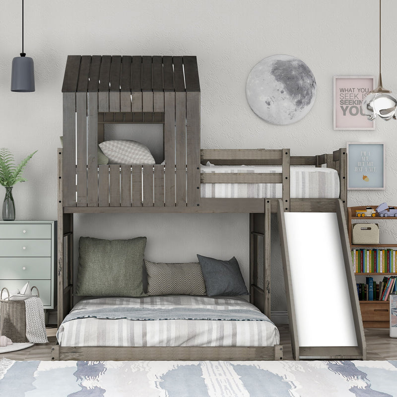 Loft Bunk Bed With Playhouse, Farmhouse, Ladder, Slide And Guardrails