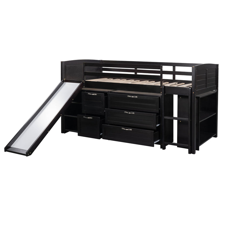 Loft Low Bed With Cabinets, Shelves And Slide