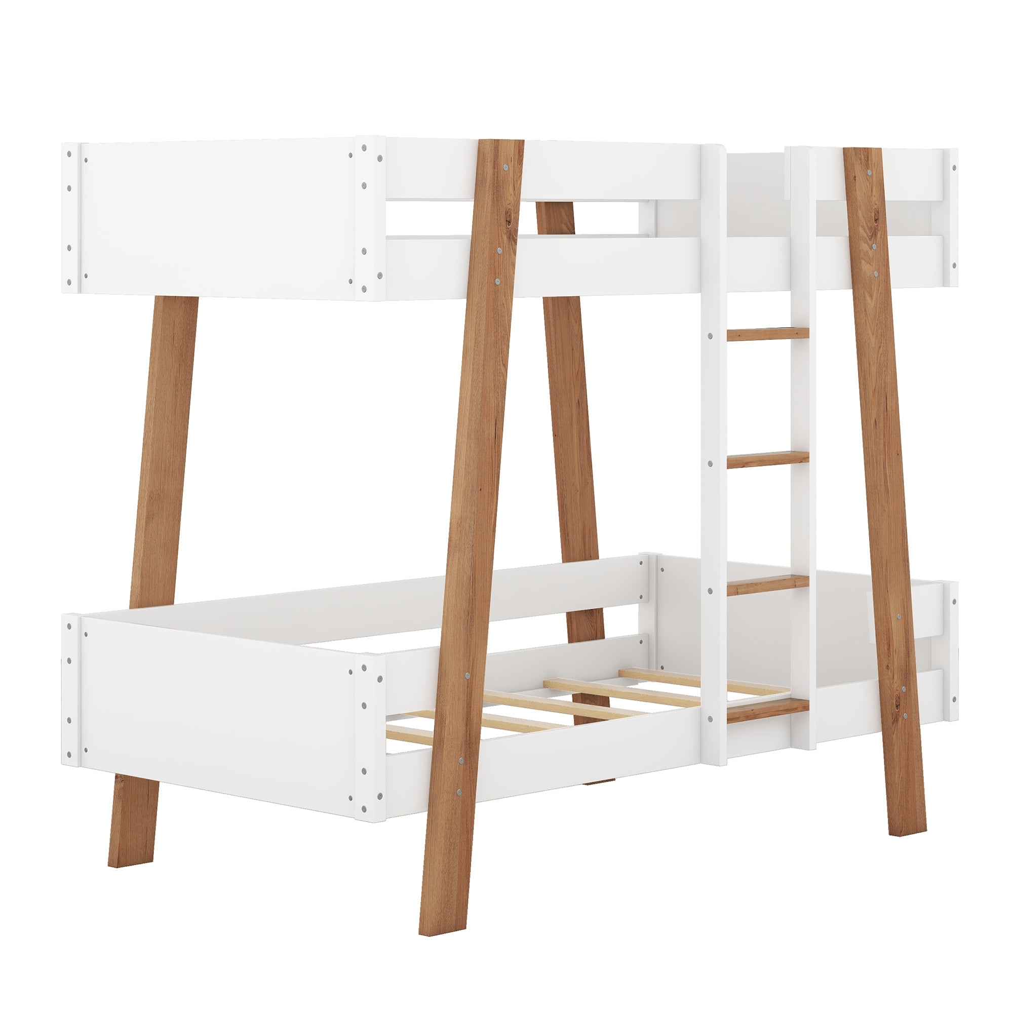 Wood Twin Size Bunk Bed with Built-in Ladder and 4 Wood Color Columns, White - Atlantic Fine Furniture Melbourne FL