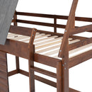 Wood Twin Size House Bunk Bed With Roof, Ladder And 2 Windows - Oak & Smoky Gray