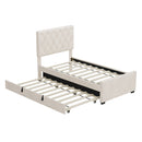 Twin Size Velvet Fabric Upholstered Platform Bed With Trundle And Adjustable Tufted Headboard - Beige
