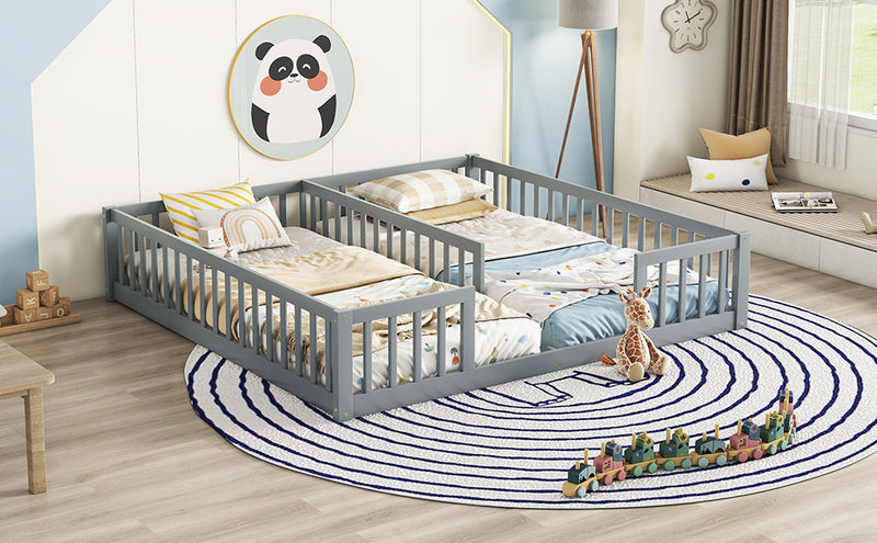 Double Twin Floor Bed with Fence, Guardrails, without door, Grey