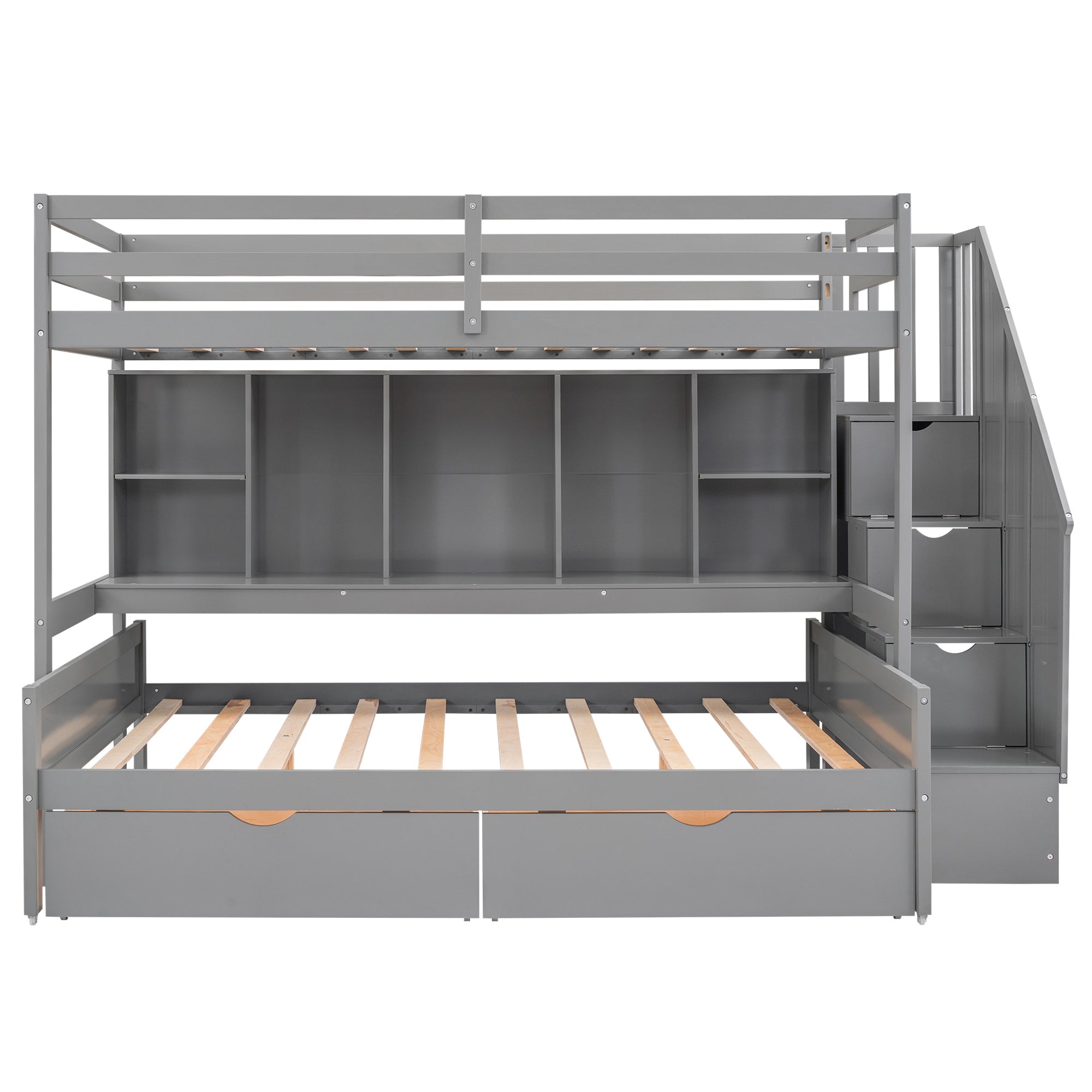 Twin XL over Full Bunk Bed with Built-in Storage Shelves, Drawers and Staircase,Gray - Atlantic Fine Furniture Melbourne FL