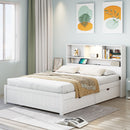 Platform Bed With Bookcase Headboard, Built-In Downlight, Charging Station, And 2 Side Drawers