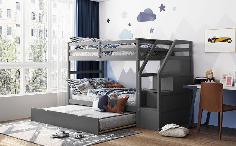 Twin-Over-Twin Bunk Bed with Twin Size Trundle and 3 Storage Stairs,Gray (OLD SKU :LP000064AAE)