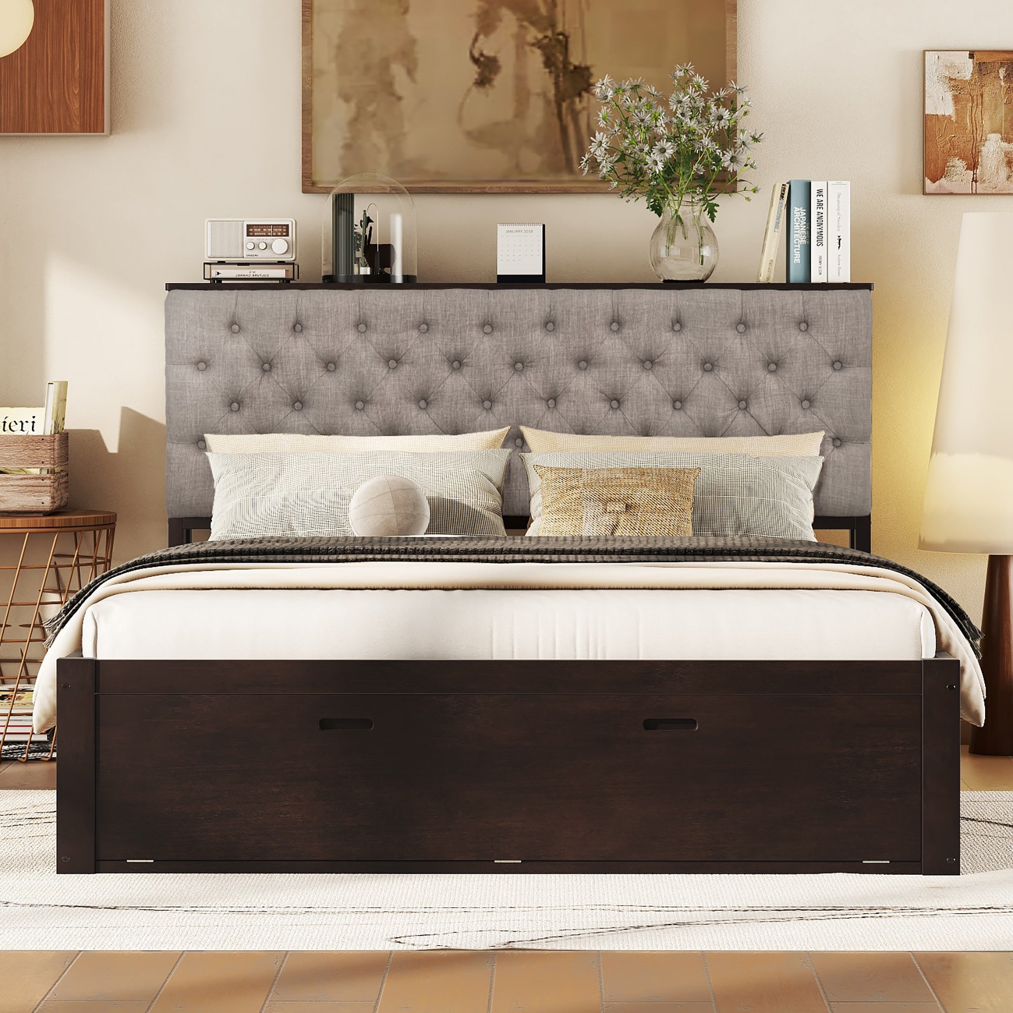 Wood Queen Size Platform Bed with Storage Headboard, shoe rack and 4 drawers,Espresso - Atlantic Fine Furniture Melbourne FL