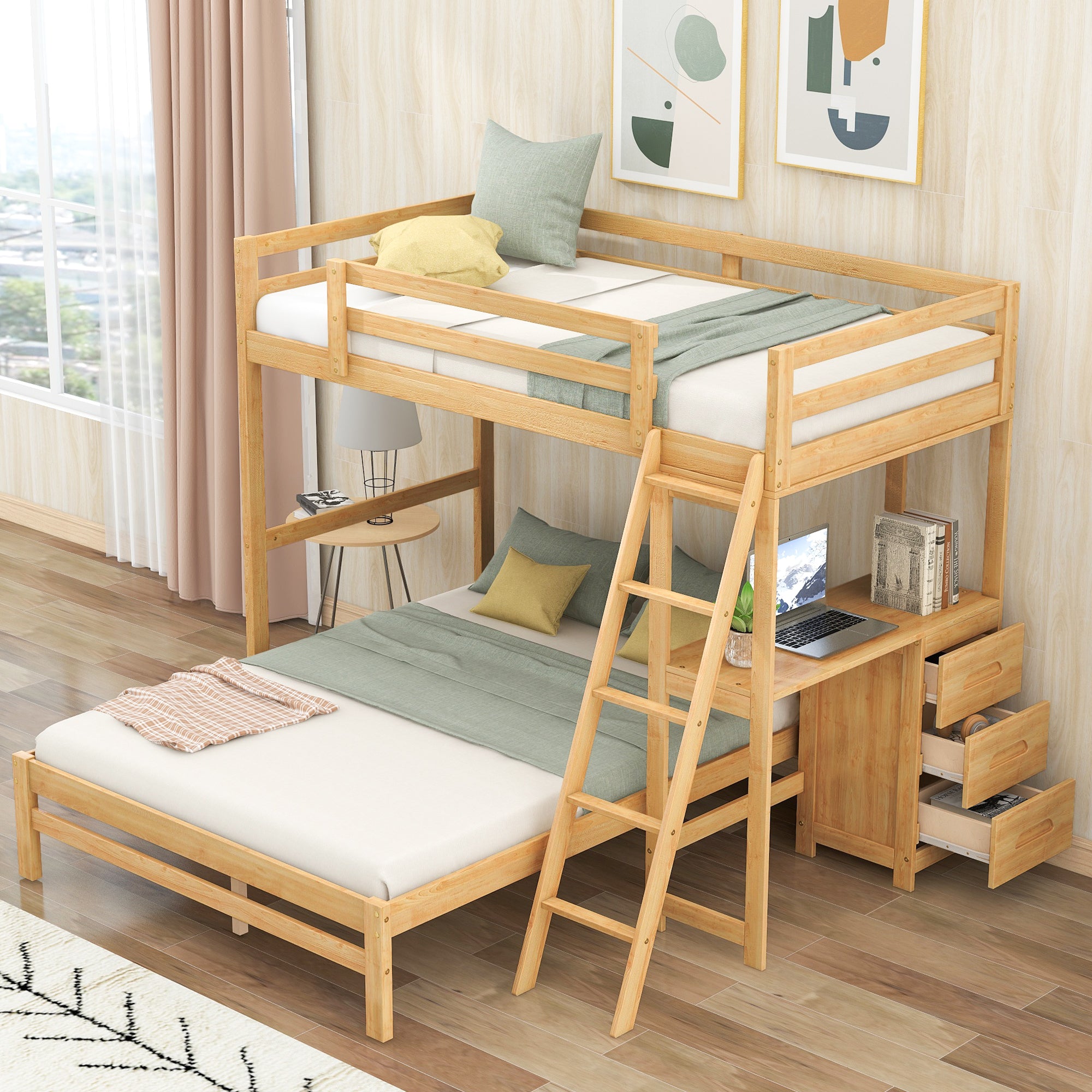 Twin over Full Bunk Bed with Built-in Desk and Three Drawers, Natural - Atlantic Fine Furniture Melbourne FL