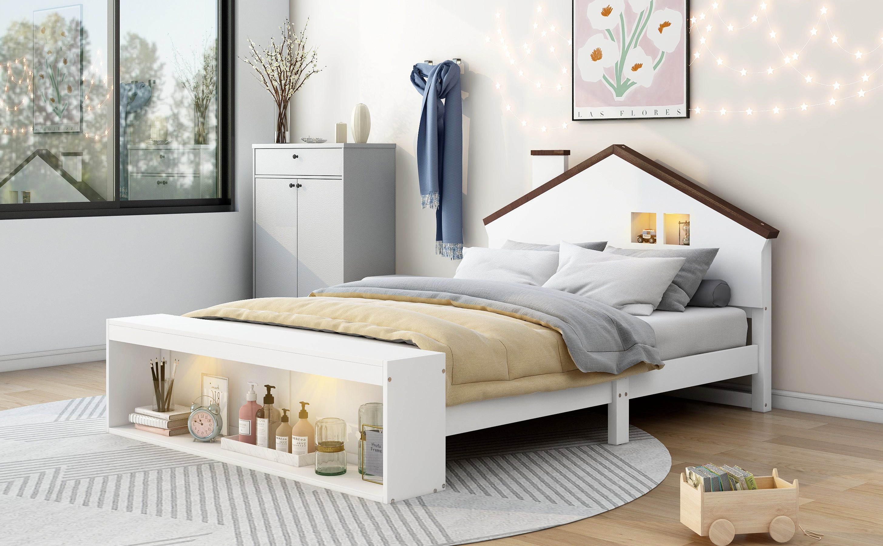 Full Size House Platform Bed with LED Lights and Storage, White - Atlantic Fine Furniture Melbourne FL