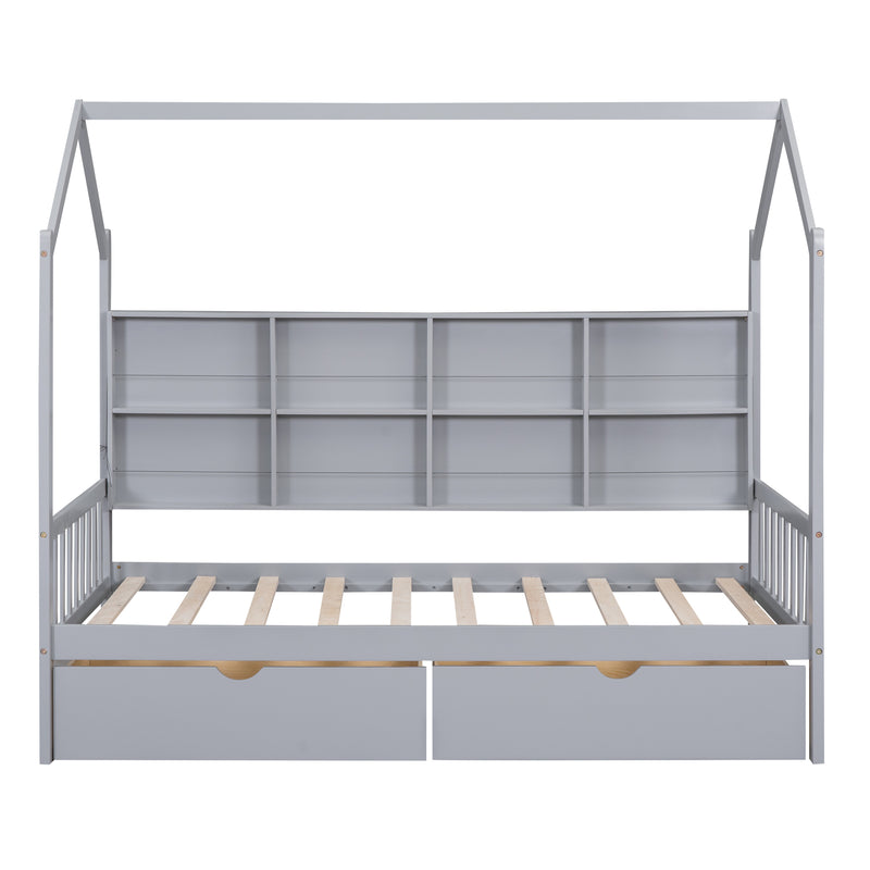 Wooden Twin Size House Bed with 2 Drawers,Kids Bed with Storage Shelf, Gray