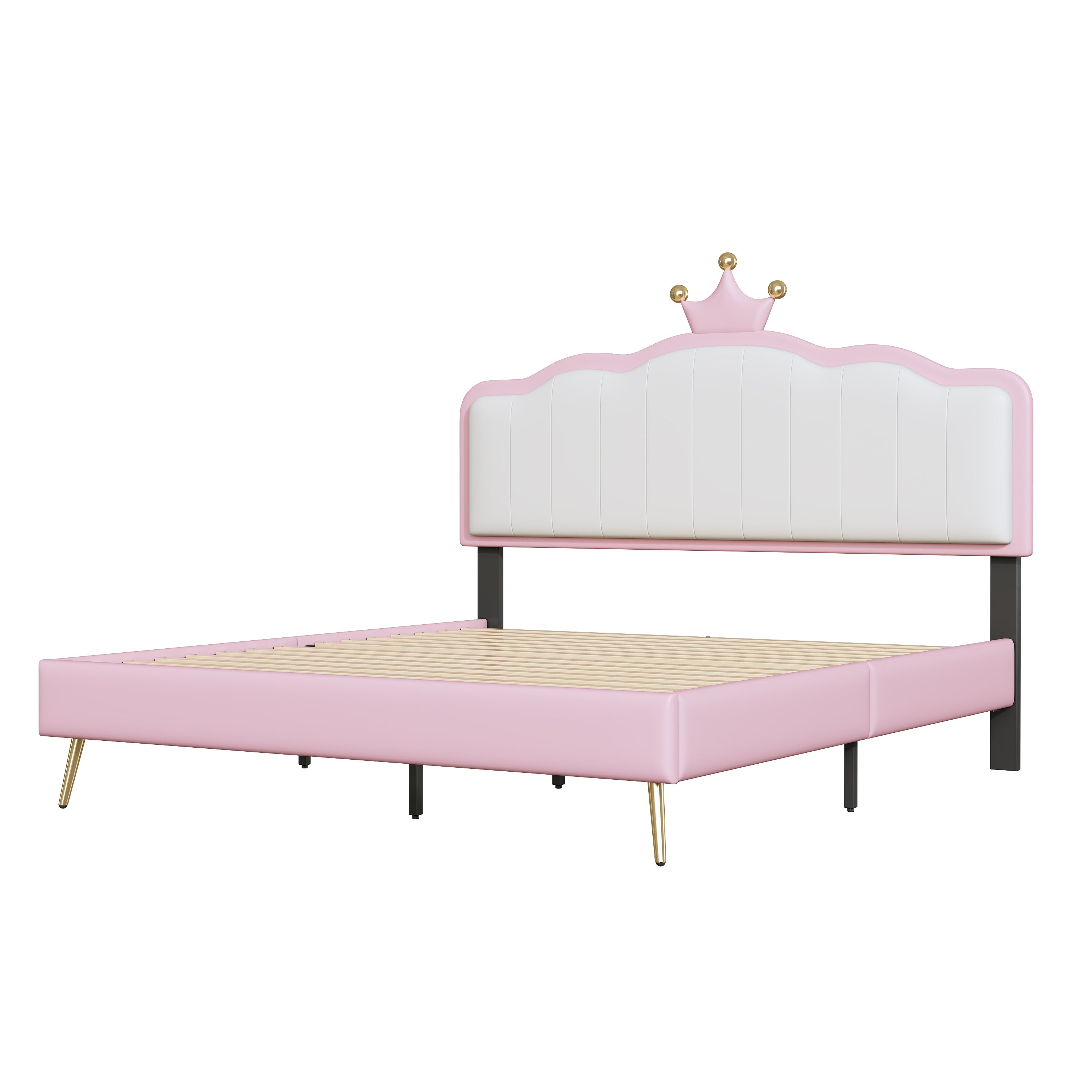 Full size Upholstered Princess Bed With Crown Headboard,Full Size Platform Bed with Headboard and Footboard with Light Strips,Golden Metal Legs, White+Pink - Atlantic Fine Furniture Melbourne FL