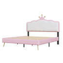 Full size Upholstered Princess Bed With Crown Headboard,Full Size Platform Bed with Headboard and Footboard with Light Strips,Golden Metal Legs, White+Pink