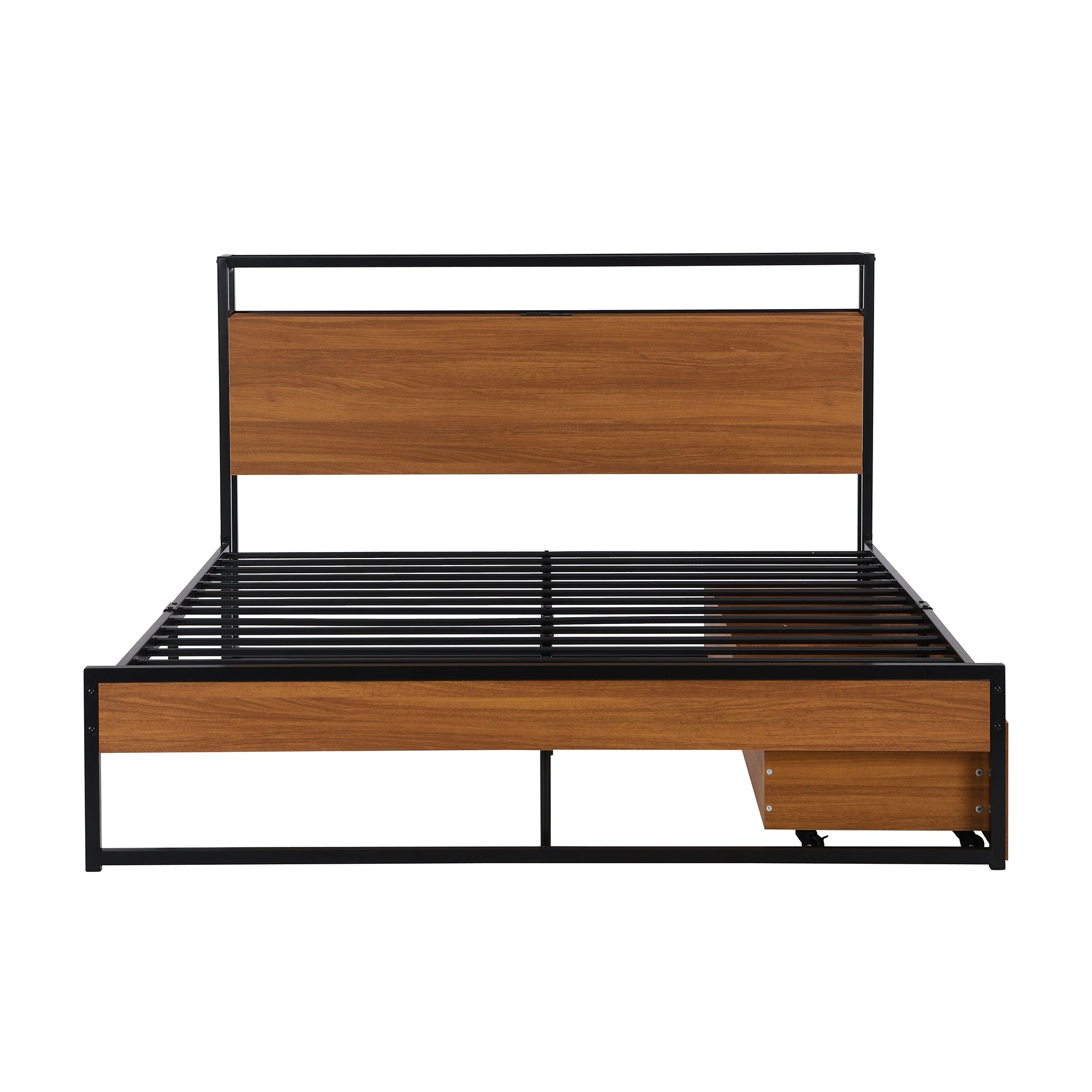 Queen Size Metal Platform Bed Frame with Two Drawers,Sockets and USB Ports ,Slat Support No Box Spring Needed Black - Atlantic Fine Furniture Melbourne FL