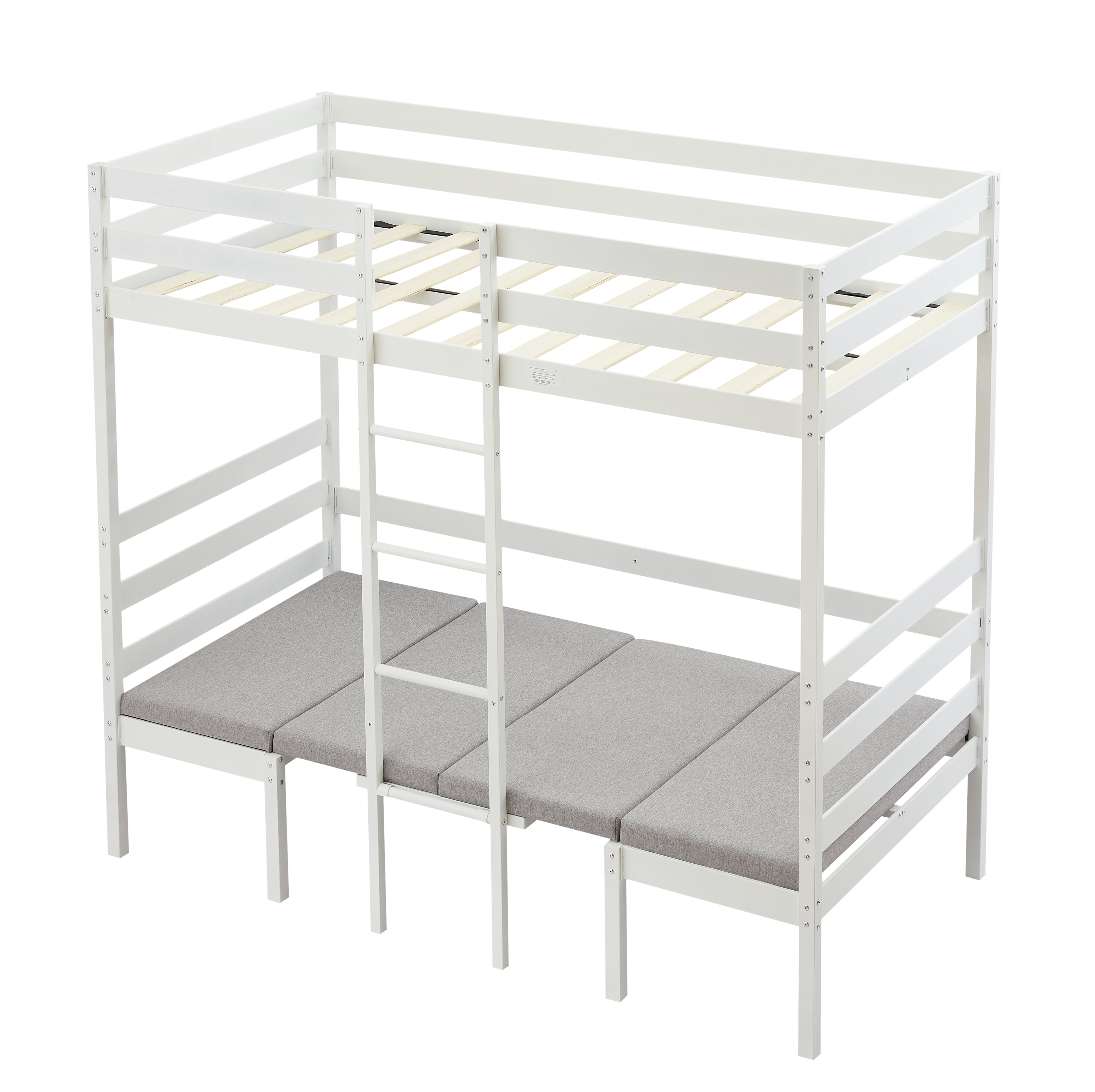 Twin Over Twin Bunk Beds Can be Turn into Upper Bed and Down Desk, Cushion Sets are Free for Kids, Teens, Girls, Boys. White,79''L x 40.9''W x 79''H.