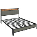 Queen Size Bed Frame with Charging Station, Upholstered Headboard, Metal Platform, Dark Grey