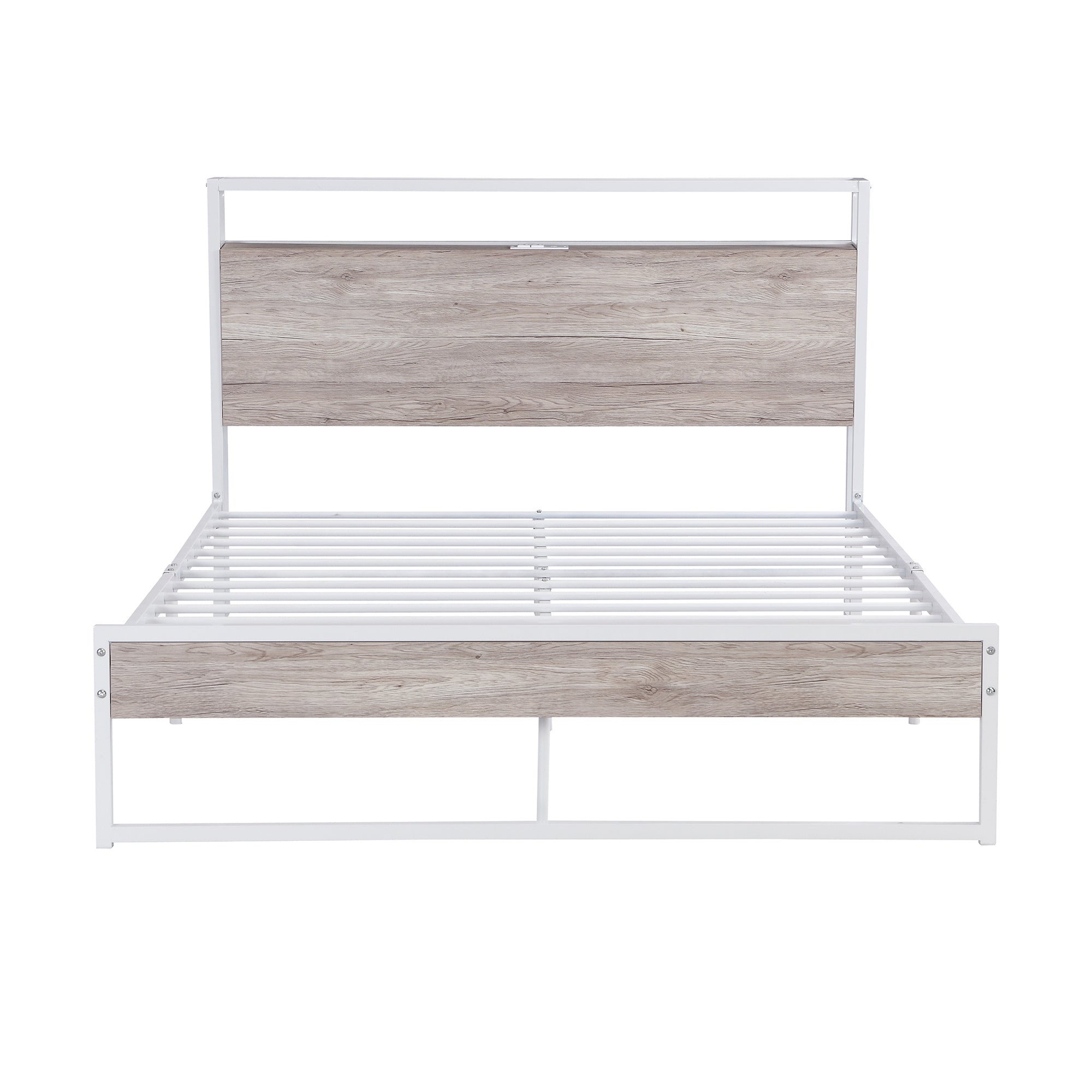 Full Size Metal Platform Bed Frame with Sockets, USB Ports and Slat Support ,No Box Spring Needed White