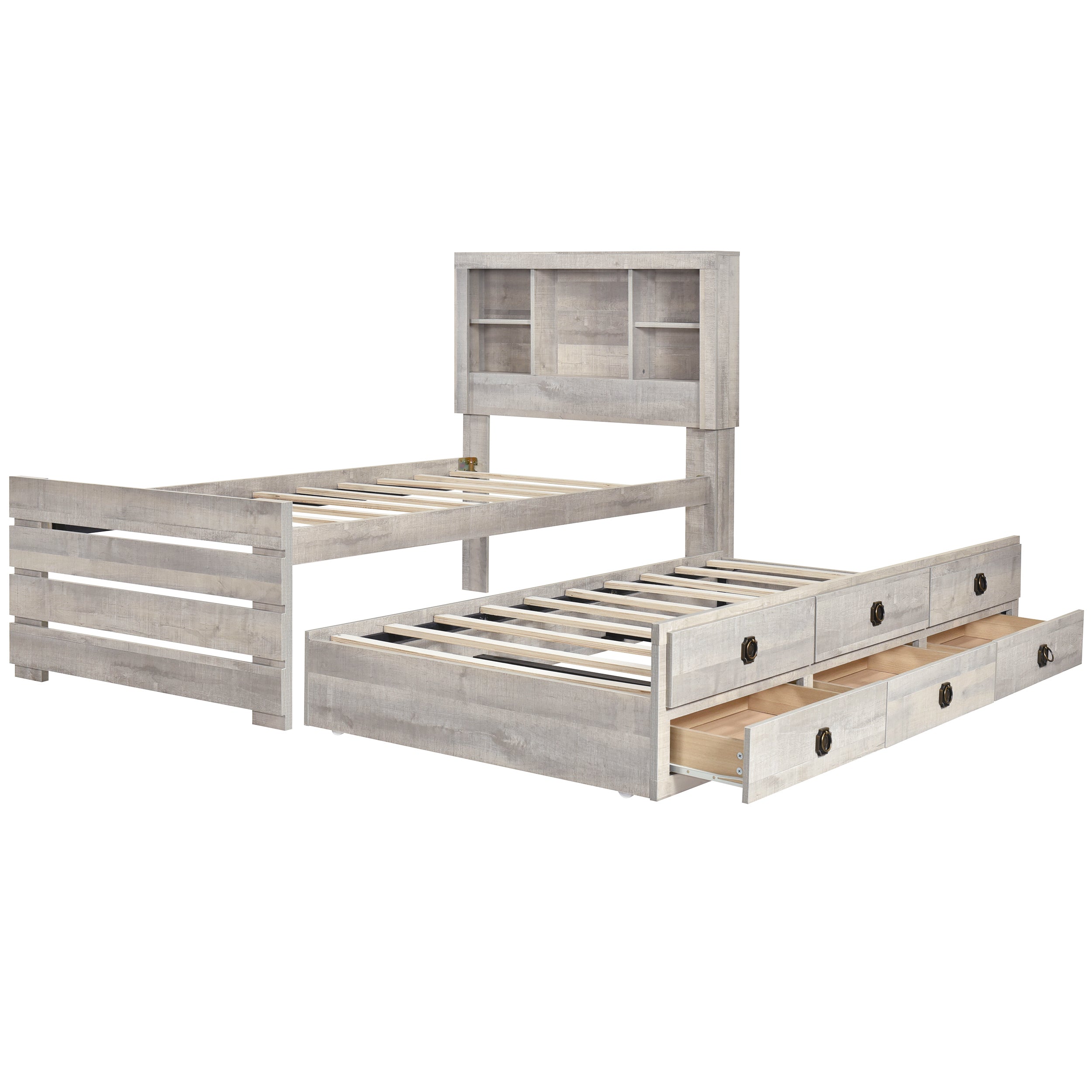 Farmhouse Style Twin Size Bookcase Captain Bed with Three Drawers and Trundle, Rustic White - Atlantic Fine Furniture Melbourne FL