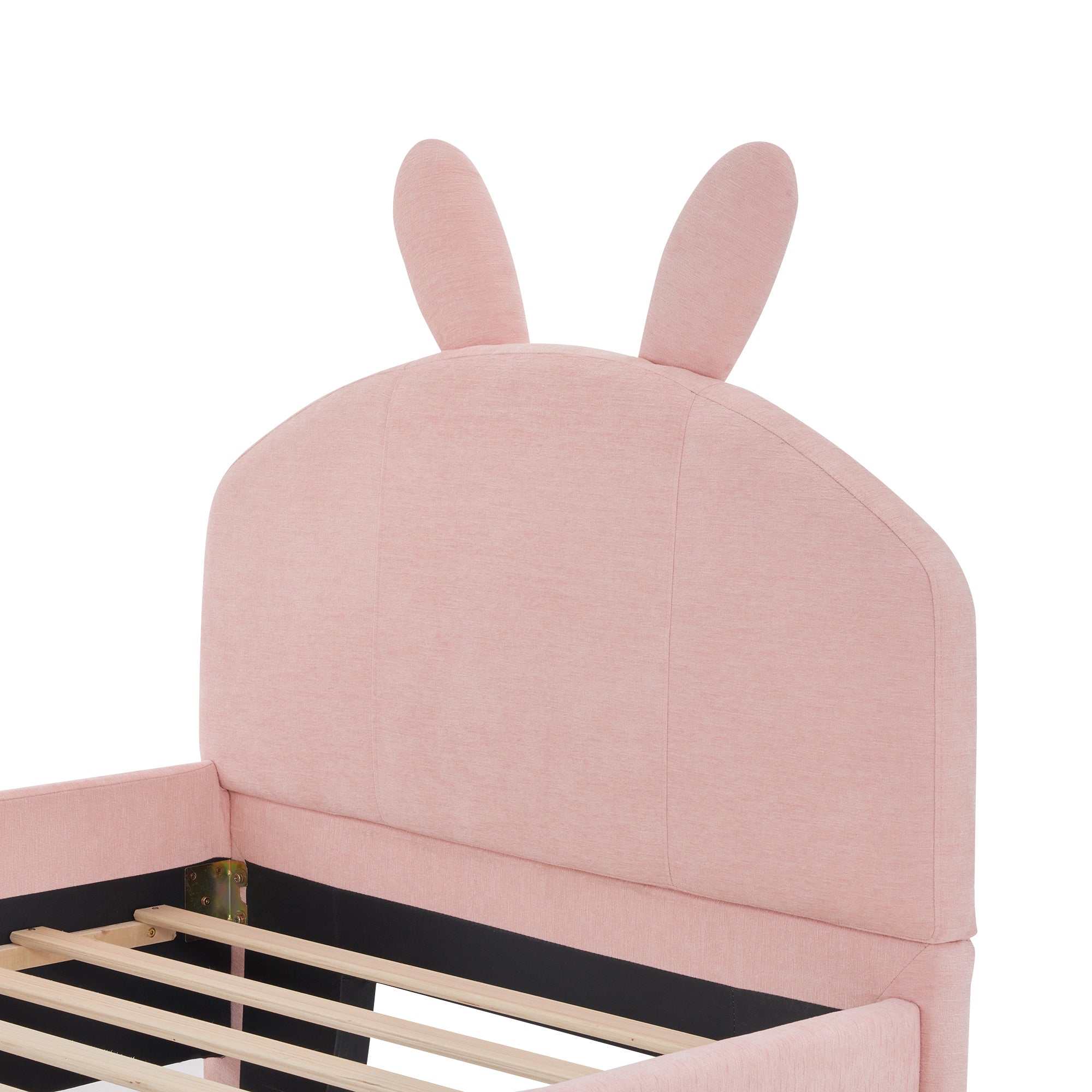 Twin Size Upholstered Platform Bed with Cartoon Ears Shaped Headboard and Trundle, Pink - Atlantic Fine Furniture Melbourne FL