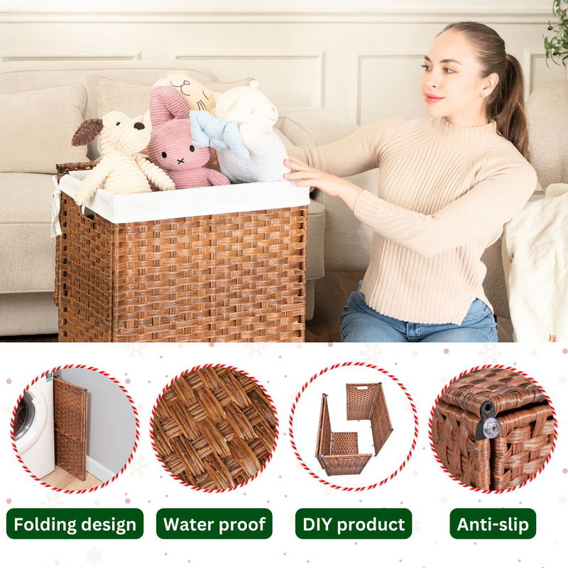 Laundry Hamper With Lid PE Rattan Powder Coating Frame Clothes Hampers With 2 Removable Bags