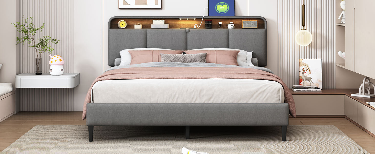 Queen size Upholstered Platform Bed with Storage Headboard, Sensor Light and a set of Sockets and USB Ports, Linen Fabric, Gray - Atlantic Fine Furniture Melbourne FL