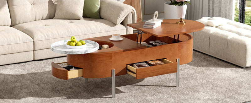 Lift Top Coffee Table With 360 Degree Marble Patterned Rotating Tray