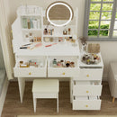 Fashion Vanity Desk With Mirror And Lights For Makeup And Cushioned Chair, Adjustable 3 Color Lighting - White