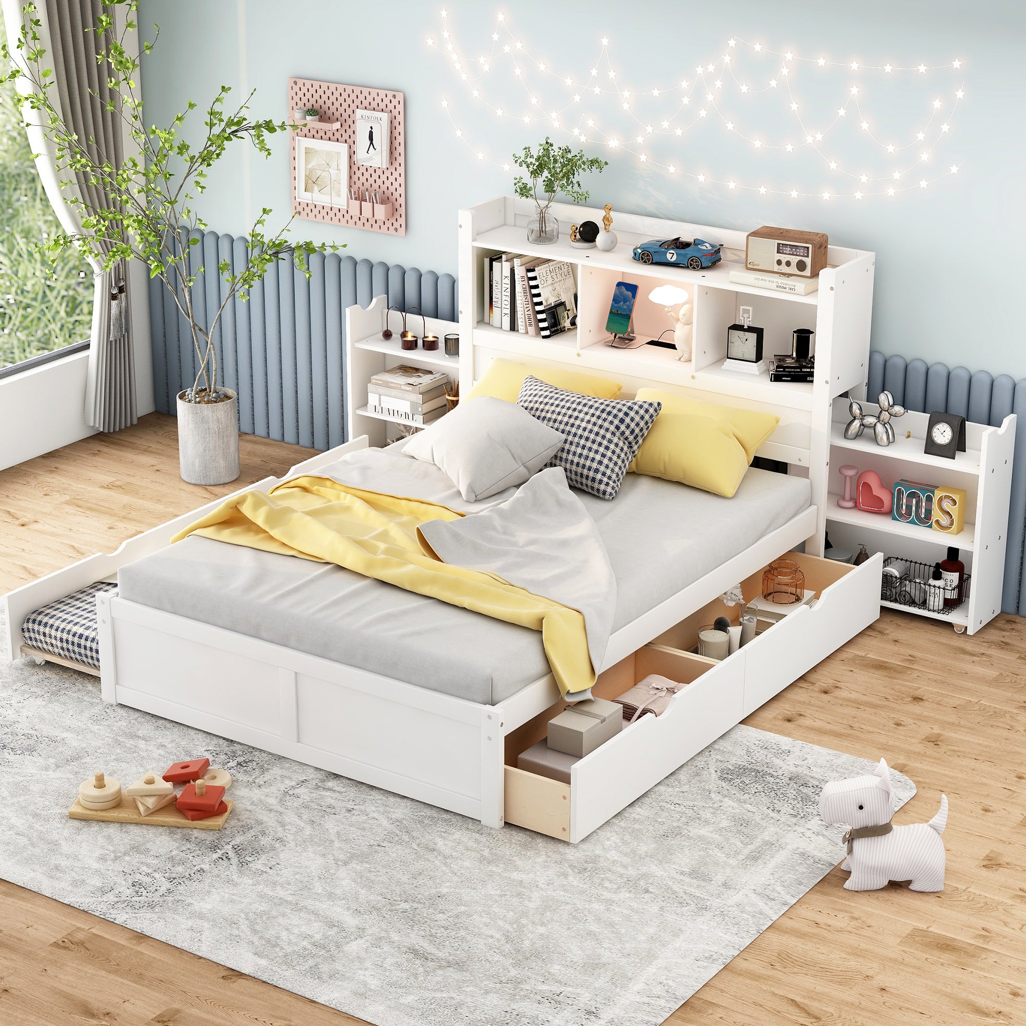 Full Size Storage Platform Bed with Pull Out Shelves, Twin Size Trundle and 2 Drawers, White - Atlantic Fine Furniture Melbourne FL