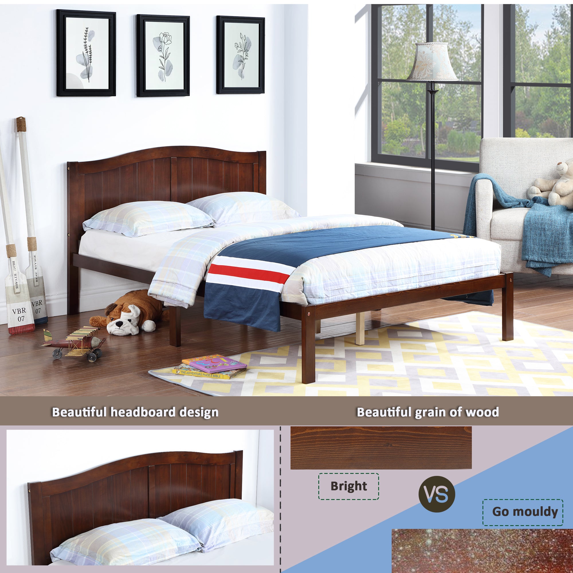Full Size Bed, Wood Platform Bed Frame with Headboard For Kids, Slatted, Dark Walnut - Atlantic Fine Furniture Melbourne FL