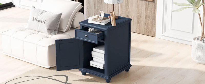 End Table With Solid Wood Legs, Side Table With USB Ports, 1 Storage Cabinet And 1 Drawer For Living Room